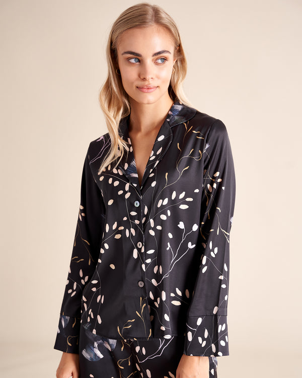 Black Flora Silk Pajamas