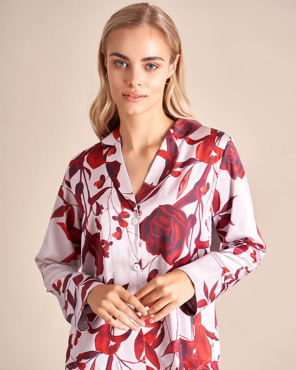 Red Flora Silk Pajamas